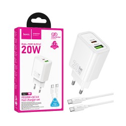 Hoco Charger N61 Gentle 2 Ports USB+Type-C PD20W GAN with Type-C to Type-C Cable 1m White Hoco Charger N61 Gentle 2 Ports USB+Type-C PD20W GAN with Type-C to Type-C Cable 1m White